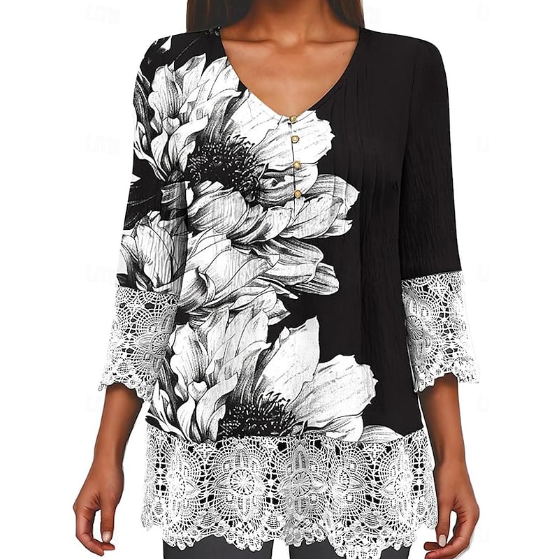 Elegant Ombre Floral Lace Button Tunic with 3/4 Sleeves for Women – Stylish Casual V Neck Summer & Spring Wear