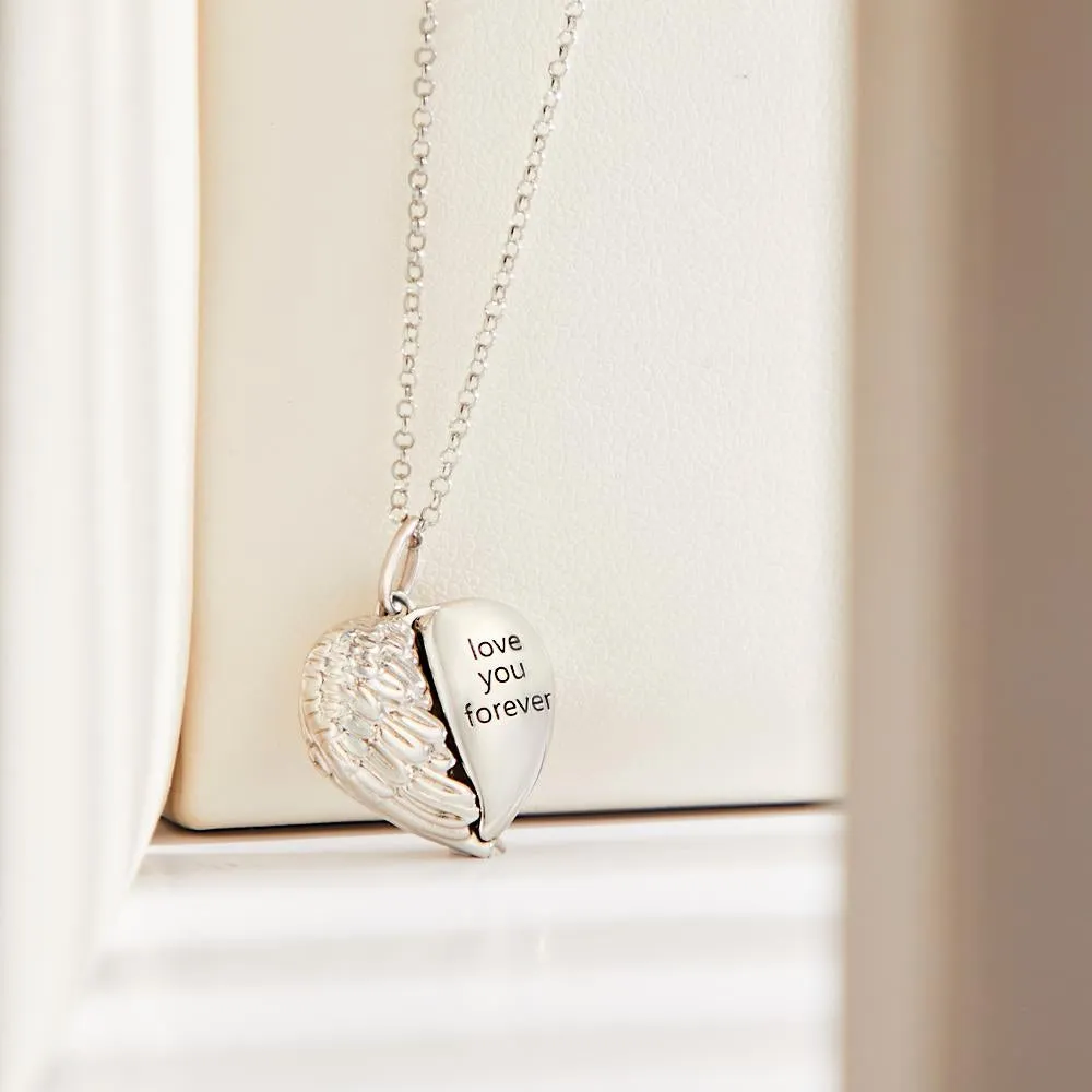 Custom Engraved Photo Heart-Shaped Flip Necklace with Angel Wings – Personalized Gifts for Couples