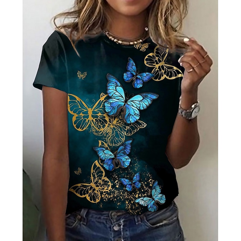 Charming Graphic Butterfly Print Tee for Women - Short Sleeve Vintage Round Neck T-shirt