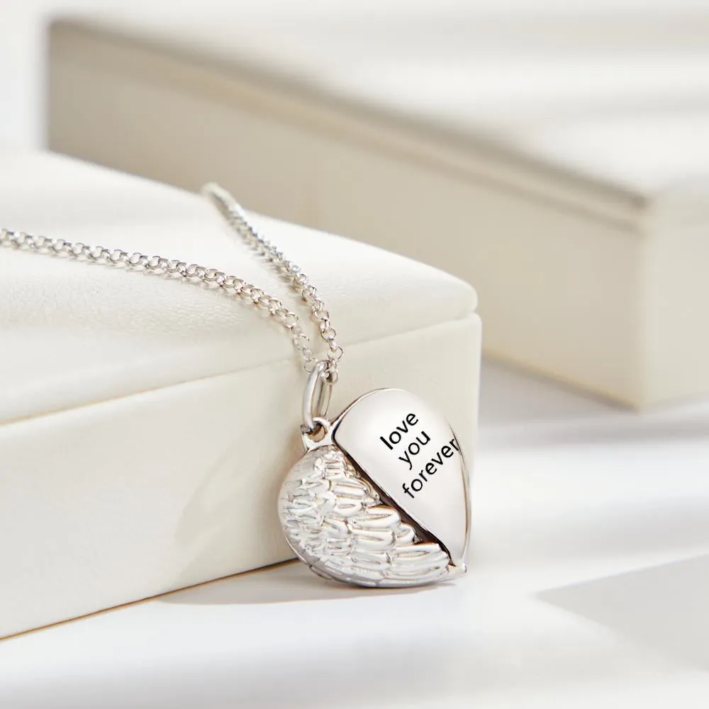 Custom Engraved Photo Heart-Shaped Flip Necklace with Angel Wings – Personalized Gifts for Couples