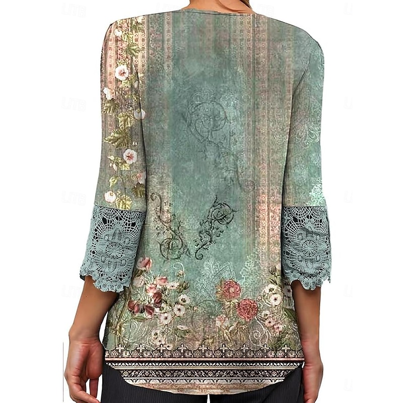 Elegant Ombre Floral Lace Button Tunic with 3/4 Sleeves for Women – Stylish Casual V Neck Summer & Spring Wear